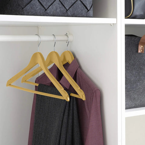 Three Pack Natural Wood Hangers With Rolling Crossbar To Prevent Creases And Wrinkles Made For Coats Dresses Pants And Shirts Durable Chrome Accents For A Neat Closet in closet with clothes