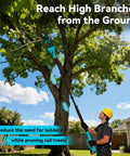Man using Four In One Pole Saw And Electric Pruning Shears For Tree Trimming With A Six Inch Mini Chainsaw Cordless Pruning Tool in yard