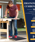 Heavy-Duty Anti-Fatigue Standing Mat 39 By 20 Inches With Safety Yellow Border Built For Long Shifts Ergonomic Cushioning To Relieve Back And Leg Pain In Warehouse Garage Kitchen And Workshop shown in workshop setting.
