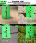Green rubber feet of Slammo XL Extra Large Round Net Game for Beginners on various surfaces showing versatility.