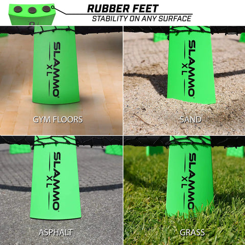 Green rubber feet of Slammo XL Extra Large Round Net Game for Beginners on various surfaces showing versatility.