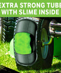 Heavy Duty Self Sealing Inner Tube With Preloaded Sealant for mowers and carts, shown with green slime inside.