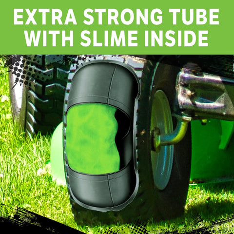 Heavy Duty Self Sealing Inner Tube With Preloaded Sealant for mowers and carts, shown with green slime inside.