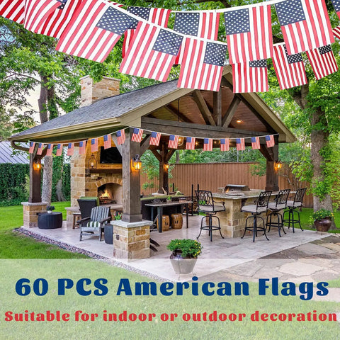 Patriotic String Flags Banner Set For Memorial Day And Fourth Of July, 65 Feet US Flag Garlands in outdoor patio setting