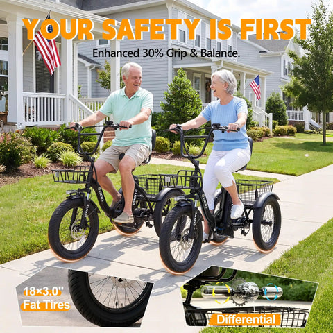 Boss Level Fat Tire Electric Tricycle For Adults With Folding Frame And Basket 1200W Peak Motor 48V 13Ah Battery 18 Inch Fat Tires Step Through Ebike Up To 65 Miles And 18 MPH Stable Comfortable Ride, older couple riding trikes