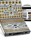 All In One 86 Piece SAE And Metric Tap And Die Set For Threading, Coarse And Fine Threads, Internal And External, shown in case