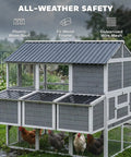 Huge 77 Inch Outdoor Chicken Coop For 6 To 8 Chickens With Run Wooden Hen House, gray, waterproof roof, in garden setting.