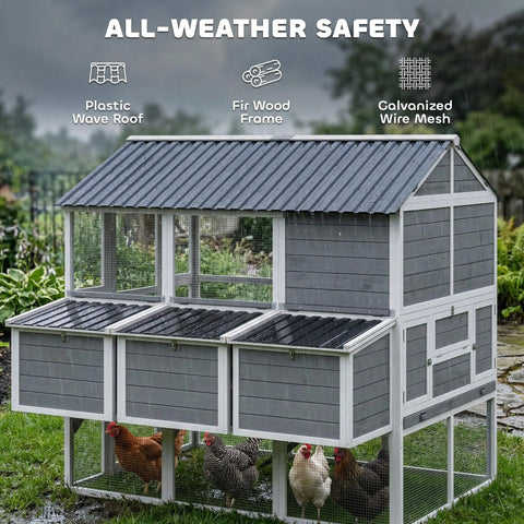 Huge 77 Inch Outdoor Chicken Coop For 6 To 8 Chickens With Run Wooden Hen House, gray, waterproof roof, in garden setting.