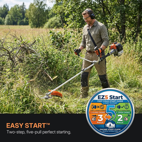 Man using Beast 52cc Gas Weed Eater 3 In 1 Trimmer Edger Brush Cutter With 18 Inch Cutting Path in a grassy field