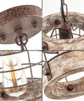 Detailed close-ups of the retro industrial round wood and metal chandelier pendant light showcasing cage, bulb, and finish.