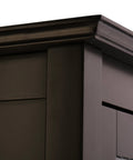 Close-up of Chesterfield Freestanding Floor Cabinet With Waffle Glass Panel In Espresso Finish Adjustable Shelf Durable Engineered Wood Crown Molding Design Easy Assembly Space Saving Storage Cabinet For Home corner detail