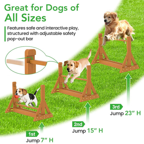 Dog Agility Set With Wooden Jumps And Hurdles, Backyard Obstacle Course Training Gear For Dogs showing adjustable height jumps