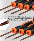 8-In-1 Small Torx Screwdriver Set With T3 Through T10 Security Bits, orange and black handles, close-up of Torx tips