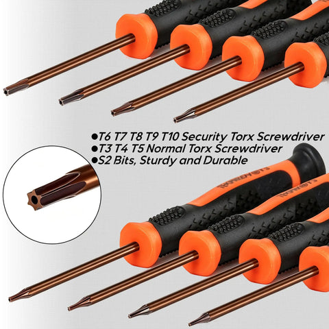 8-In-1 Small Torx Screwdriver Set With T3 Through T10 Security Bits, orange and black handles, close-up of Torx tips
