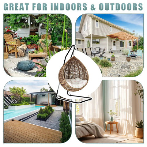 Heavy Duty Hammock Chair Stand With Adjustable Steel Frame Built To Last, Weatherproof And Rust Resistant Swing Stand, 330 Lb Capacity, Portable For Indoor Outdoor Patio Or Tree, Lounger And Porch in various settings.