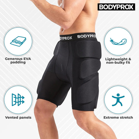 Side view of black Gnarly Protective Padded Shorts For Snowboard, Skate And Skiing with 3D hip, butt, and tailbone protection