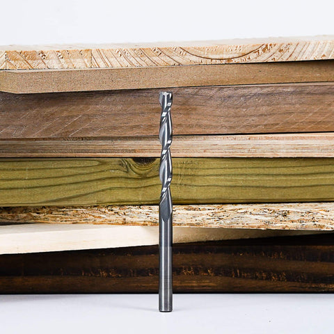 Extra Long Spiral Upcut Router Bit, 4 Inch Total Length, 1/4 Inch Shank And 1/4 Inch Cutting Diameter displayed against wood boards