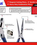 Pro 3 Piece Pliers Set With 7 Inch Diagonal Cutting Pliers, 8 Inch Needle Nose Pliers, 9 Inch Linesman Pliers, CrMo Steel Construction