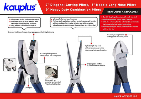 Pro 3 Piece Pliers Set With 7 Inch Diagonal Cutting Pliers, 8 Inch Needle Nose Pliers, 9 Inch Linesman Pliers, CrMo Steel Construction