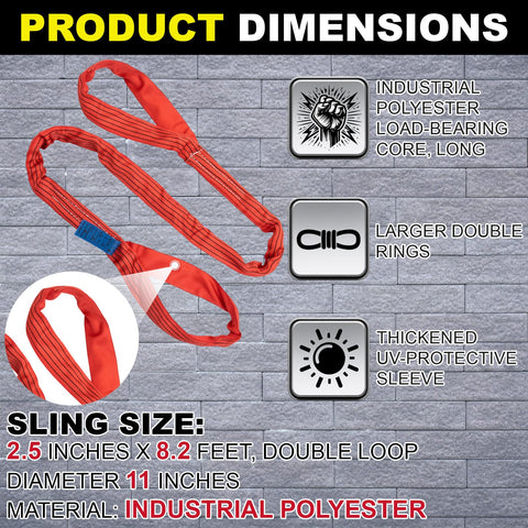 Two Pack 8.2 Foot Eye and Eye Polyester Round Lift Slings Set, Heavy Duty Choker Lifting Slings, double loop design, red