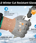Gloved hand wearing ANSI Cut Level 5 protection 12 Pairs Winter Work Gloves With PU Coating, holding a knife, showcasing non-slip grip.