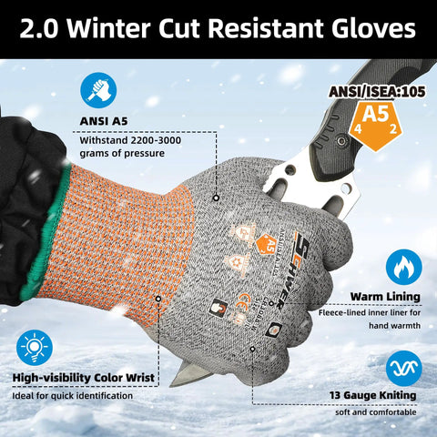 Gloved hand wearing ANSI Cut Level 5 protection 12 Pairs Winter Work Gloves With PU Coating, holding a knife, showcasing non-slip grip.