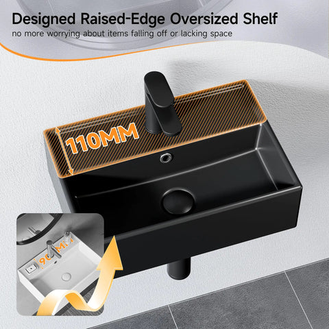Bathroom Wash Basin(45 * 31 * 13cm) - Countertop/Wall-Mounted Recular Sink (Black) with raised-edge shelf and faucet.