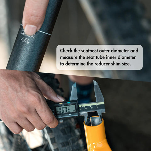 Caliper measuring seat tube for Beefy Aluminum Bike Seatpost Reducer Shim, 100mm Length, Adapts 30.9mm Seatposts To 31.6mm Tubes
