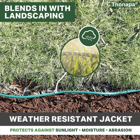 Green Outdoor Extension Cord 200 Ft 16 Gauge 3 SJTW Weatherproof Heavy Duty Cable blending with landscaping in garden setting
