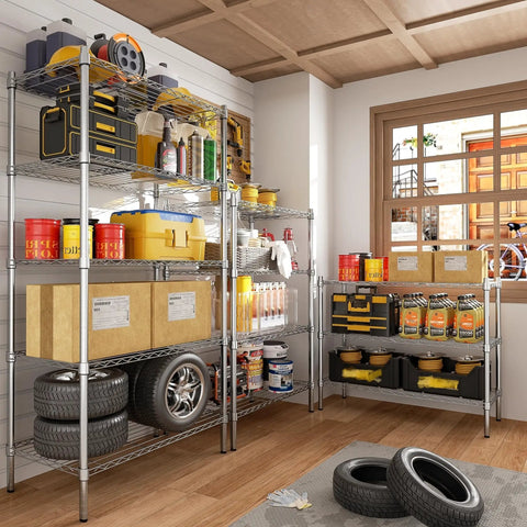 Three-Tier Heavy-Duty Chrome Wire Shelving Rack With Adjustable Shelves Space-Saving Storage Unit Holds Up To 250 Lbs Per Shelf 750 Lbs Total Rust-Resistant Waterproof Easy Assembly For Garage Kitchen Laundry loaded with garage supplies