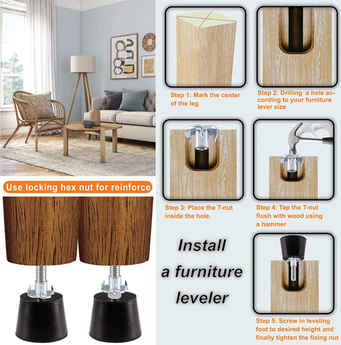 Kick It Up With Dead Simple M6 Thread Furniture Leveling Feet Screw In Adjustable Glides in a living room setting with installation steps.