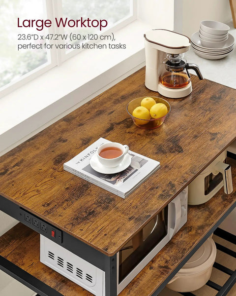 Top view of Industrial Kitchen Island with Built In Power Strip and Three Outlets, 47.2 inch wide, rustic brown finish