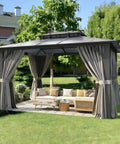 10x12 Hardtop Aluminum Framed Outdoor Gazebo With Double Polycarbonate Roof For Patio And Garden Hangout Ready Durable Pavilion With Curtains And Netting, UV Protection And Easy Setup For Lawn And Backyard shown installed in a garden.