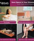 Woman enjoying bath with folding shower seat with no slip mat for inside shower wall mounted teakwood and stainless steel bench chair