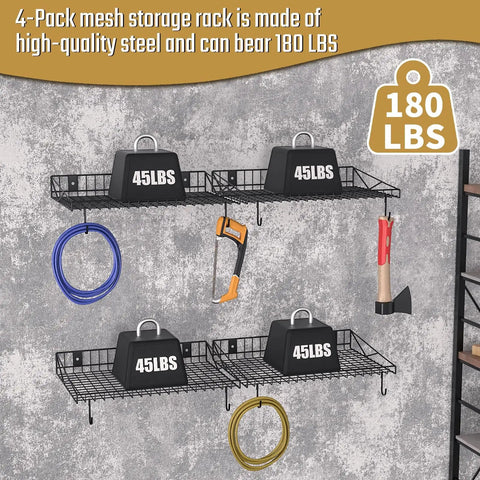 4 Pack Heavy Duty Garage Wall Shelves With 8 Hooks, Wall Mounted Floating Shelves Hold Up To 45 Lbs Each, black mesh storage.