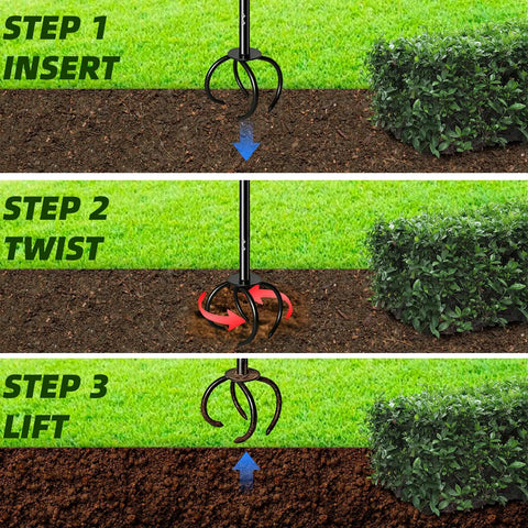 Heavy Duty Hand Tiller For Gardening With Long Handle Claw Twist Tiller Manual Soil Cultivator And Lawn Aerator steps illustration