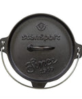 Pre Seasoned 2 Qt Cast Iron Dutch Oven with flat bottom lid for stovetop and campfire use, embossed lettering and handle.