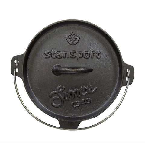 Pre Seasoned 2 Qt Cast Iron Dutch Oven with flat bottom lid for stovetop and campfire use, embossed lettering and handle.