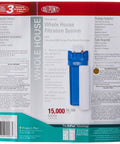 Whole House Water Filtration System For Fifteen Thousand Gallon Capacity With Three Quarters Inch Inlet And Outlet Universal Five Hundred Series Poly Block Cartridge Improves Clarity And Taste At The Kitchen Faucet Blue Three Year Warranty packaging with specifications and image of the blue unit.