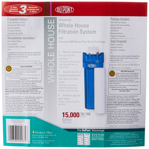 Whole House Water Filtration System For Fifteen Thousand Gallon Capacity With Three Quarters Inch Inlet And Outlet Universal Five Hundred Series Poly Block Cartridge Improves Clarity And Taste At The Kitchen Faucet Blue Three Year Warranty packaging with specifications and image of the blue unit.