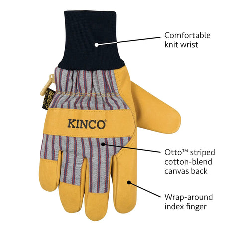 Premium Leather Work And Ski Gloves 1927KW Medium with Otto striped canvas back and comfortable knit wrist.