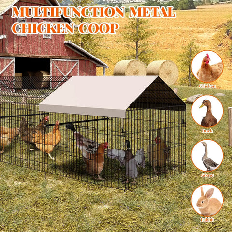 Heavy Duty Metal Chicken Run And Coop System With 86 Inch Or 130 Inch Lengths Portable Outdoor Cage With Four Doors Waterproof And UV Resistant Cover Large Multi Pet Enclosure For Chickens Ducks Rabbits In Backyard Farm, shown with animals.