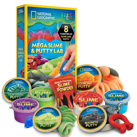 Ultimate Slime Kit And Putty Lab With Eight Varieties Of Slime And Putty Including Magnetic Slime Glow In The Dark Putty Color Changing Putty Snot Slime And Bouncing Putty A Totally Fun Sensory STEM Toy For Kids displayed with colorful containers and packaging.