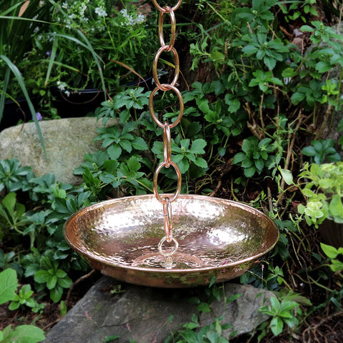 Large Copper Rain Chain Basin 16.5 Inch Diameter 4 Inch High Handmade 20 Gauge Pure Copper With Patina Finish in garden setting