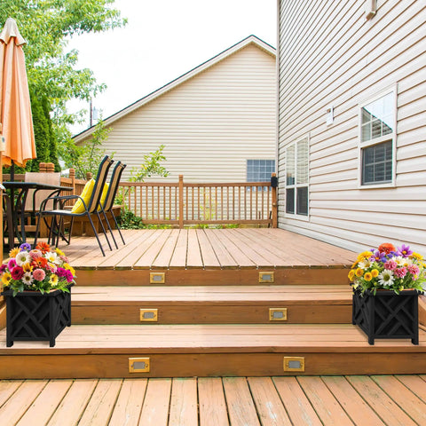 Lattice Design Planter Box Two Pack 14.75 Inch Square Outdoor Plant Pots For Flowers Or Plants on wooden deck steps