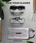 Four Pack Clear Safety Glasses With UV400 And ANSI Z87.1 Standards Built For The Daily Grind displayed with storage bag