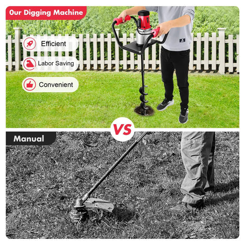 Man using Powerful Electric Post Hole Digger Auger Kit 1500W 110V 1.6HP for efficient fence post digging comparison.