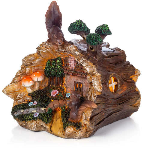 Tree Trunk Fairy House Solar Light For Outdoor Decor And Garden, Cute Flickering LED Backyard Ornament with squirrel detail