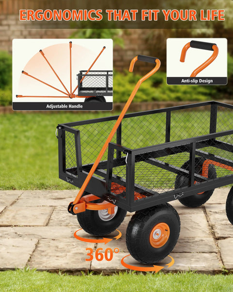 Heavy Duty Steel Garden Cart With 500 Lbs Capacity 3 In 1 Pullable Wagon showing adjustable handle and 10 inch wheels