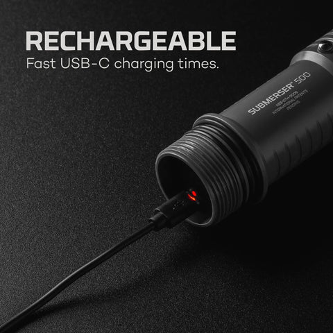 Submerser 500 Underwater Fishing Light with USB-C charging cable connected, showcasing rechargeable feature on black background.